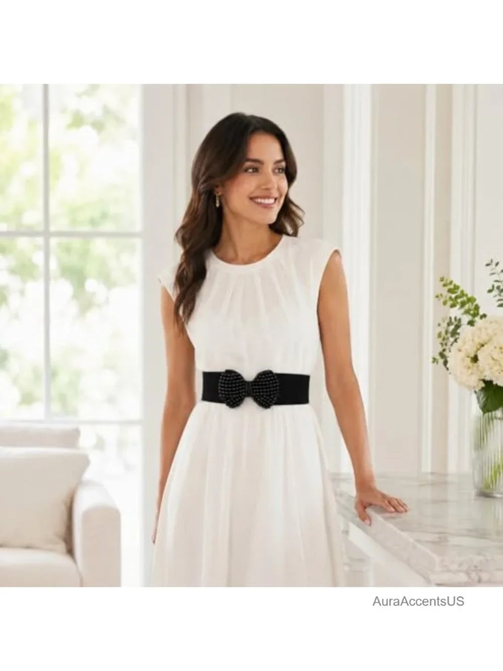 Stretch Waistband Pearl Bow Elastic Dress Belt